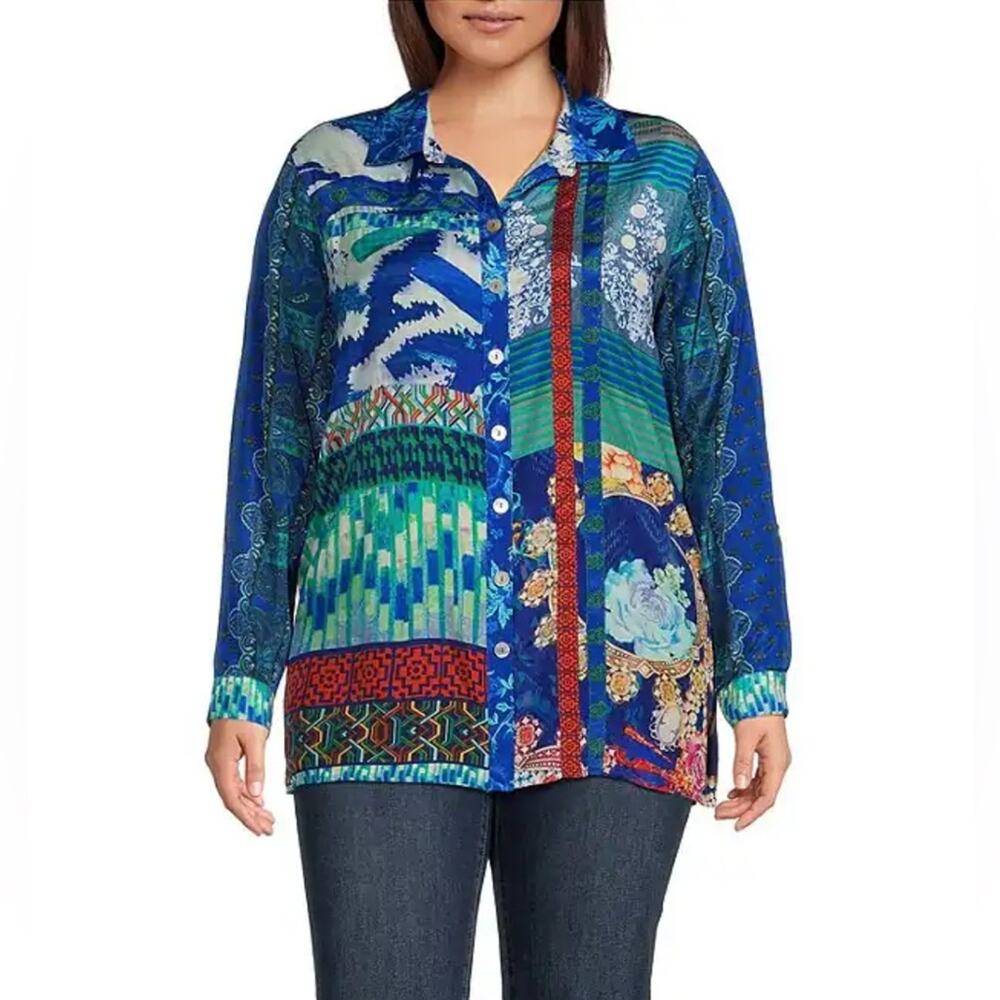 John Mark Woven Printed Point Collar Long Sleeve Button-Front Tunic 1X